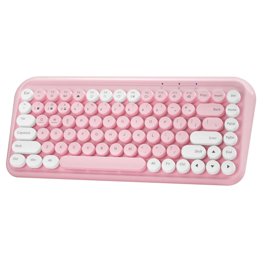 Pink dual-mode wireless Bluetooth mute portable keyboard with 84 keys and ABS construction on a desk