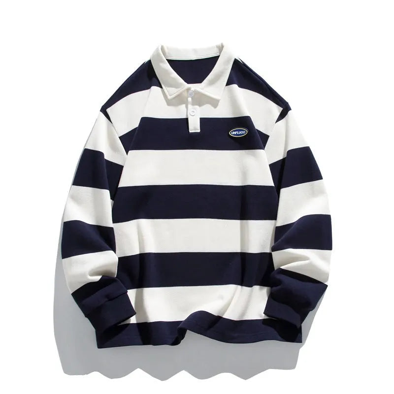 Long sleeve polo shirt in pearl cotton fabric with lapel collar and loose fit design