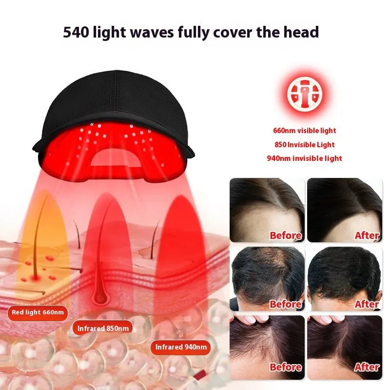 Black infrared peaked cap for hair growth with LED light strip and separate controller.