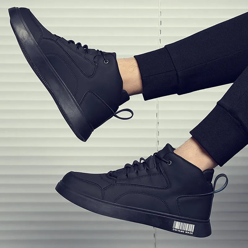 Men's white mid-top casual shoes with round toe, rubber sole, and front lace-up design on a plain background