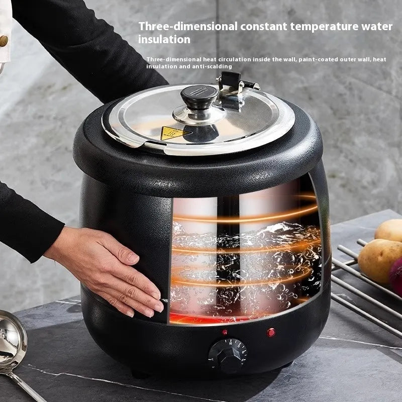 Black stainless steel electric insulation pot with large steel cover, 10 litre capacity for soup or porridge.