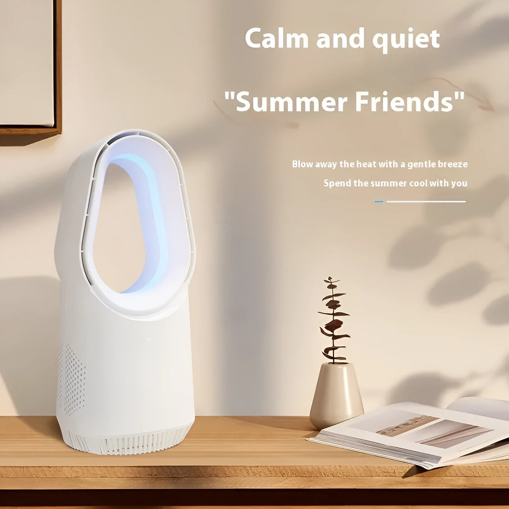 SK white bladeless tower fan with remote control placed on a wooden floor.
