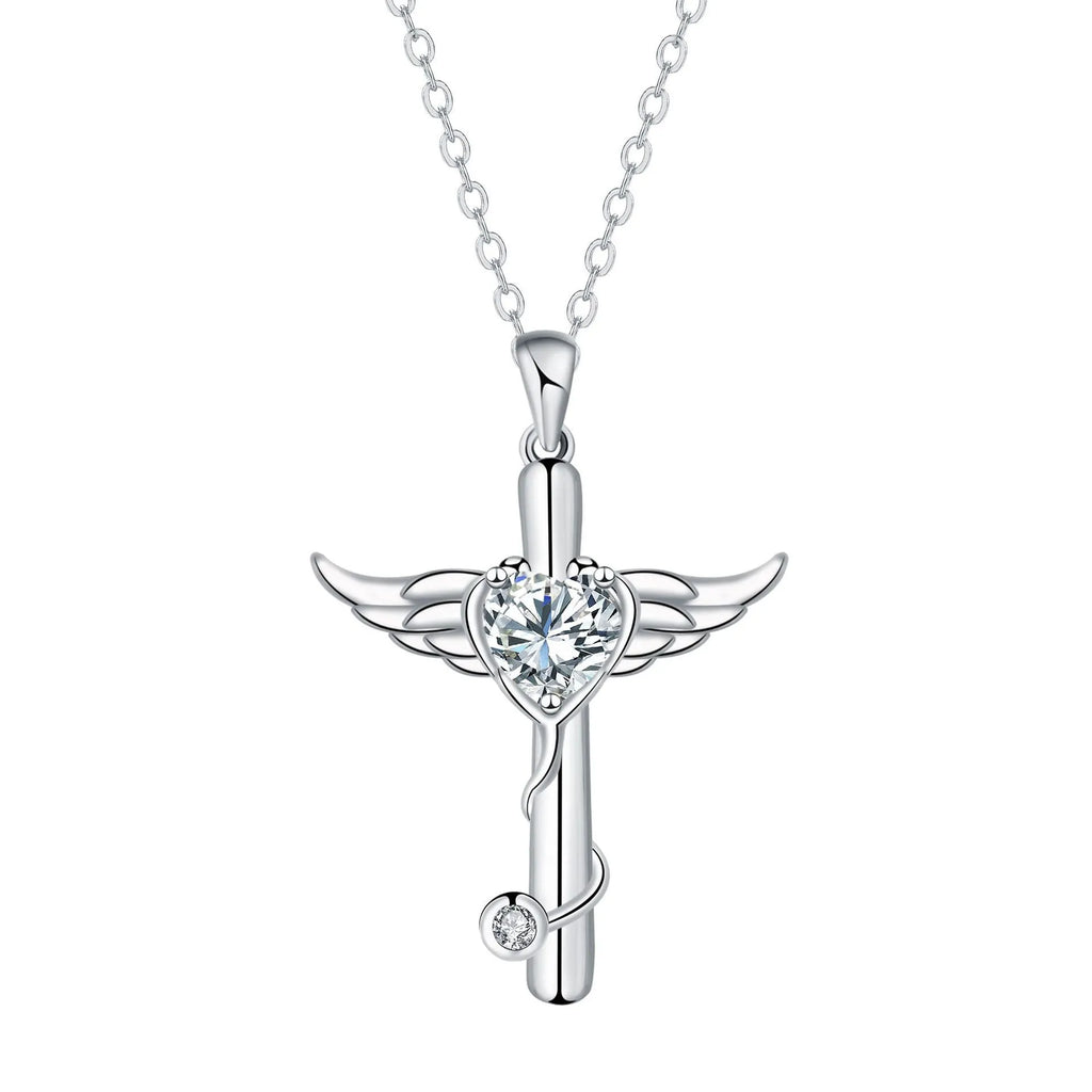 Close-up of a copper wings cross stethoscope pendant necklace on a chain.