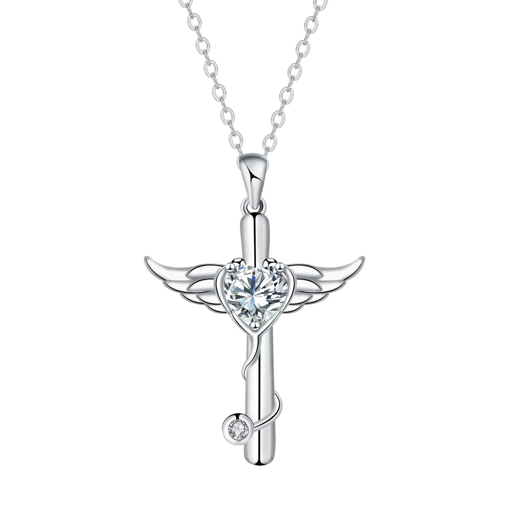 Close-up of a copper wings cross stethoscope pendant necklace on a chain.