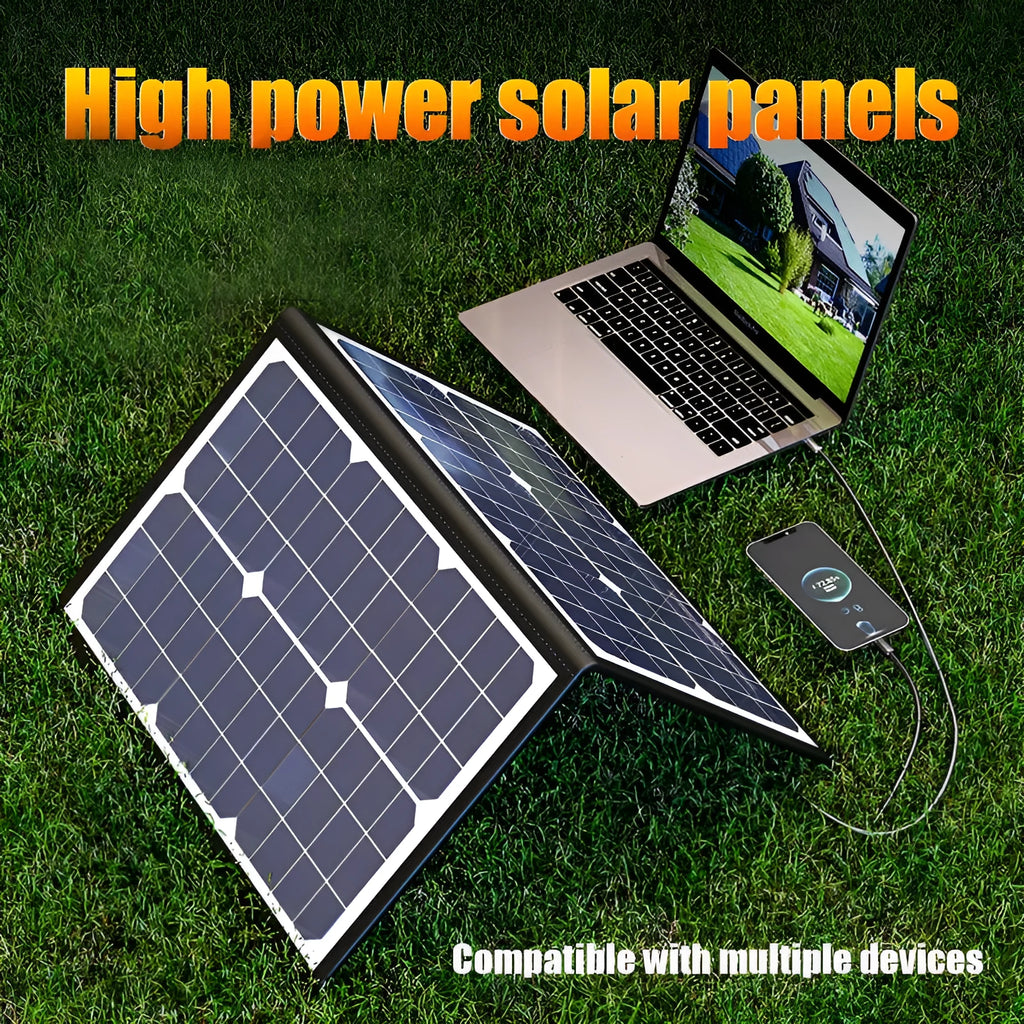 Black 40W single crystal solar panel inside a folded portable bag for outdoor charging