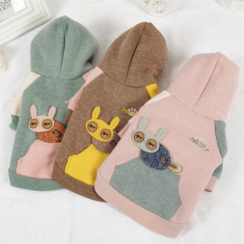 Cotton dog sweatshirt in brown, green or pink colours showing size range XS to 2XL