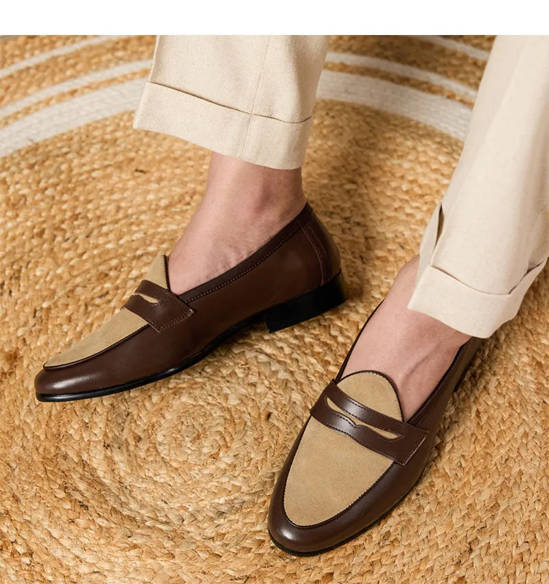 Coffee grey high-gloss suede slip-on loafers with a rubber sole, shown on a neutral background.