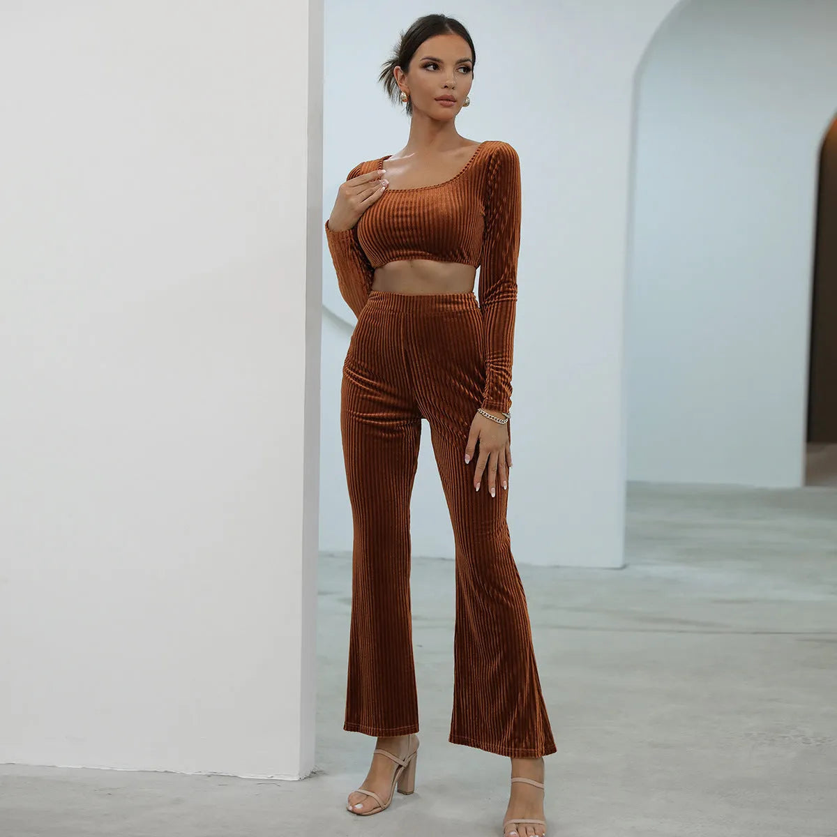 Caramel coloured long sleeve sweater and matching trousers casual set