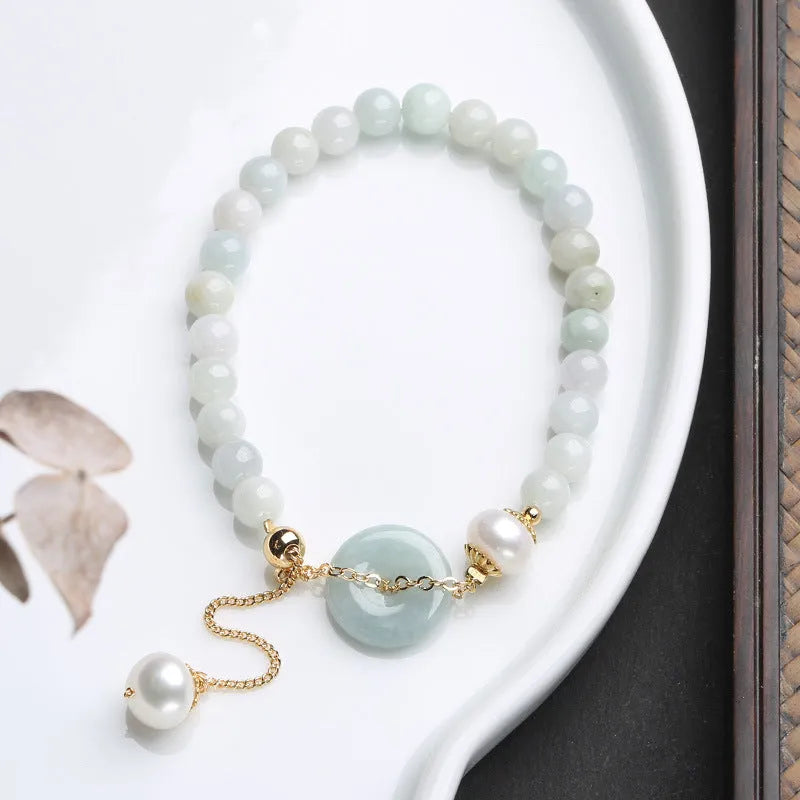 Natural jade peace buckle pearl bracelet for women with round pendant on pearl string