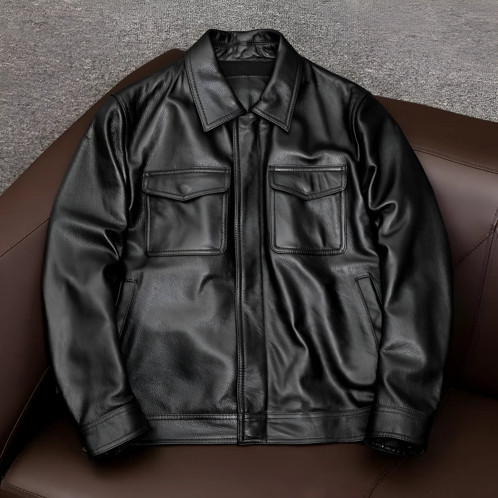 Men's black retro-style PU leather jacket with side pockets shown on a model, plus size loose fit.