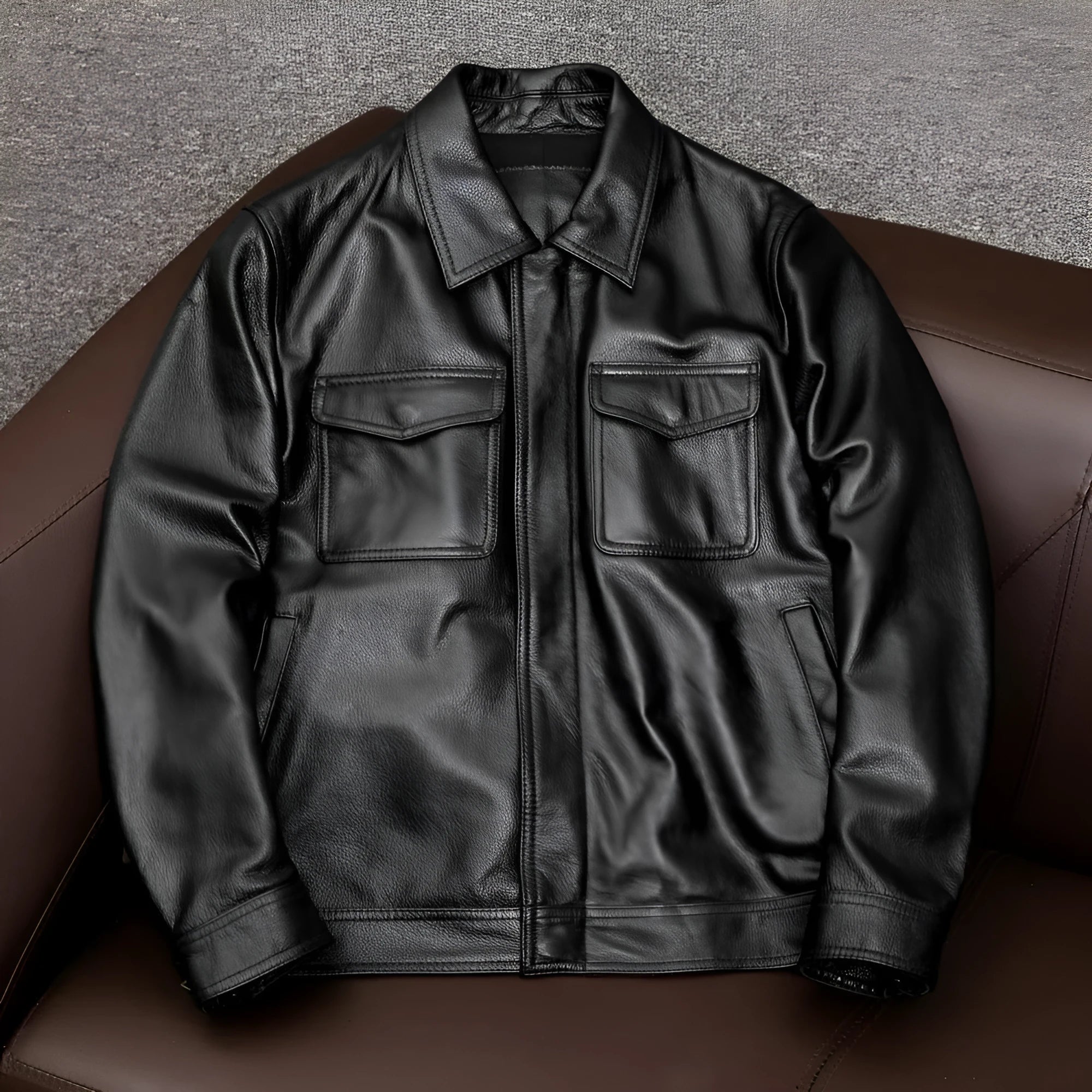 Men's black retro-style PU leather jacket with side pockets shown on a model, plus size loose fit.