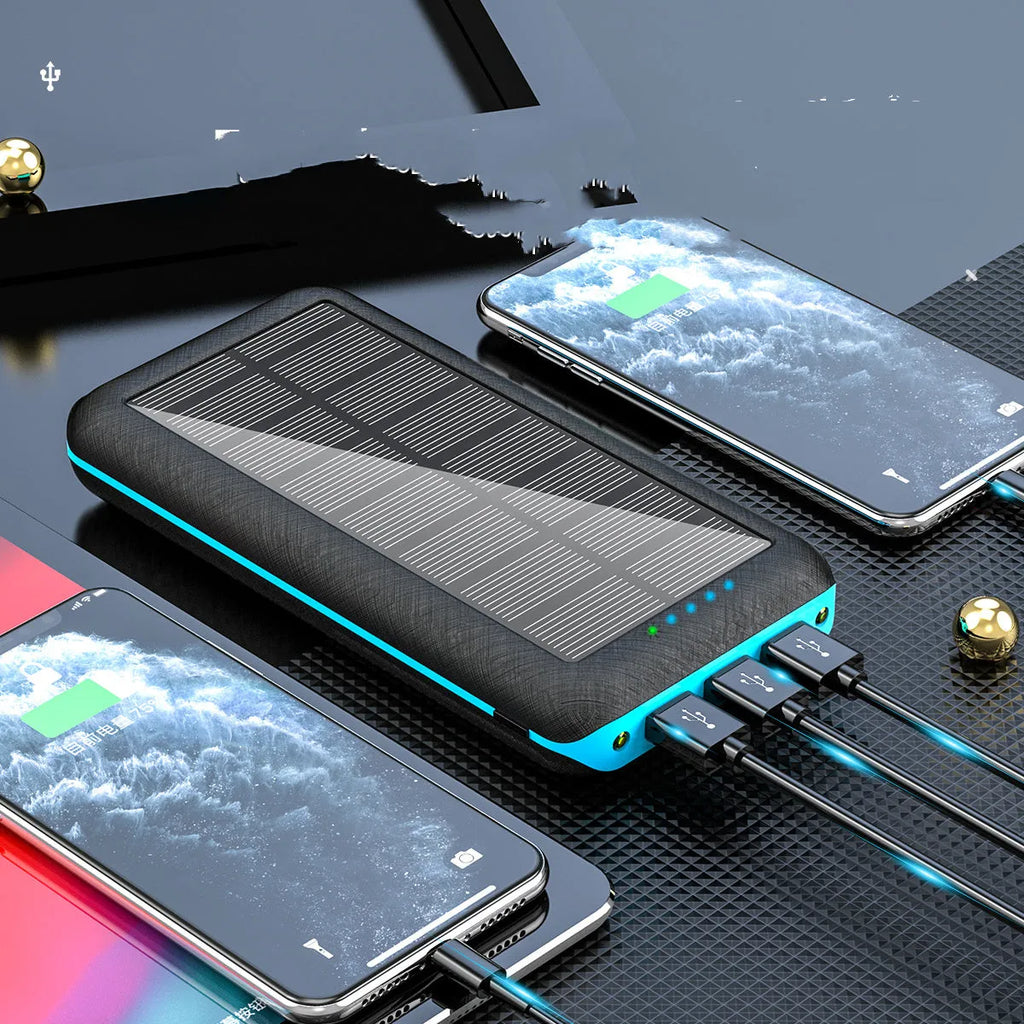 Black wireless solar power bank with Qi charging pad, three USB ports and an LED flashlight