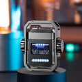 Blue double arc electric lighter with a spinning mechanical gyroscope, shown folded and unfolded.