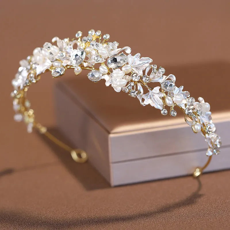 Gold or silver alloy crown headdress with pearl detailing for women's formal hair styling