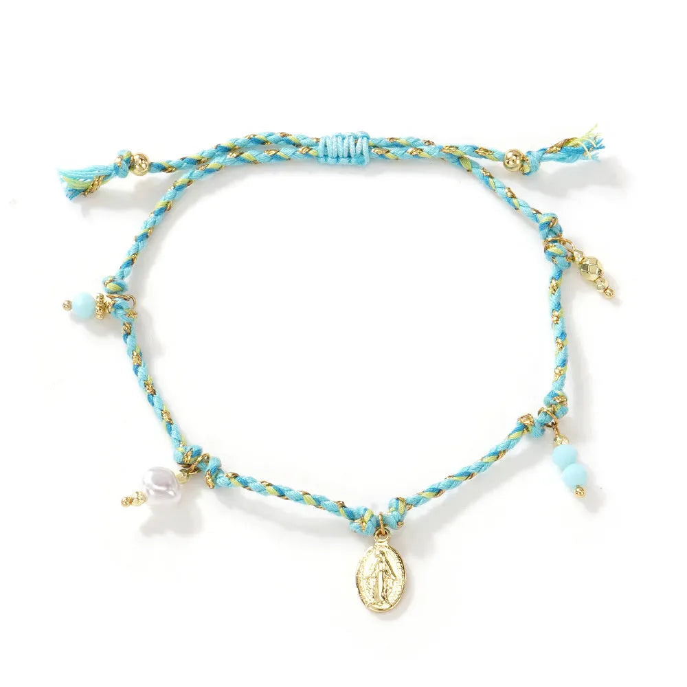 Hand-woven colourful braided rope bracelet for women in ethnic carrying strap tag design