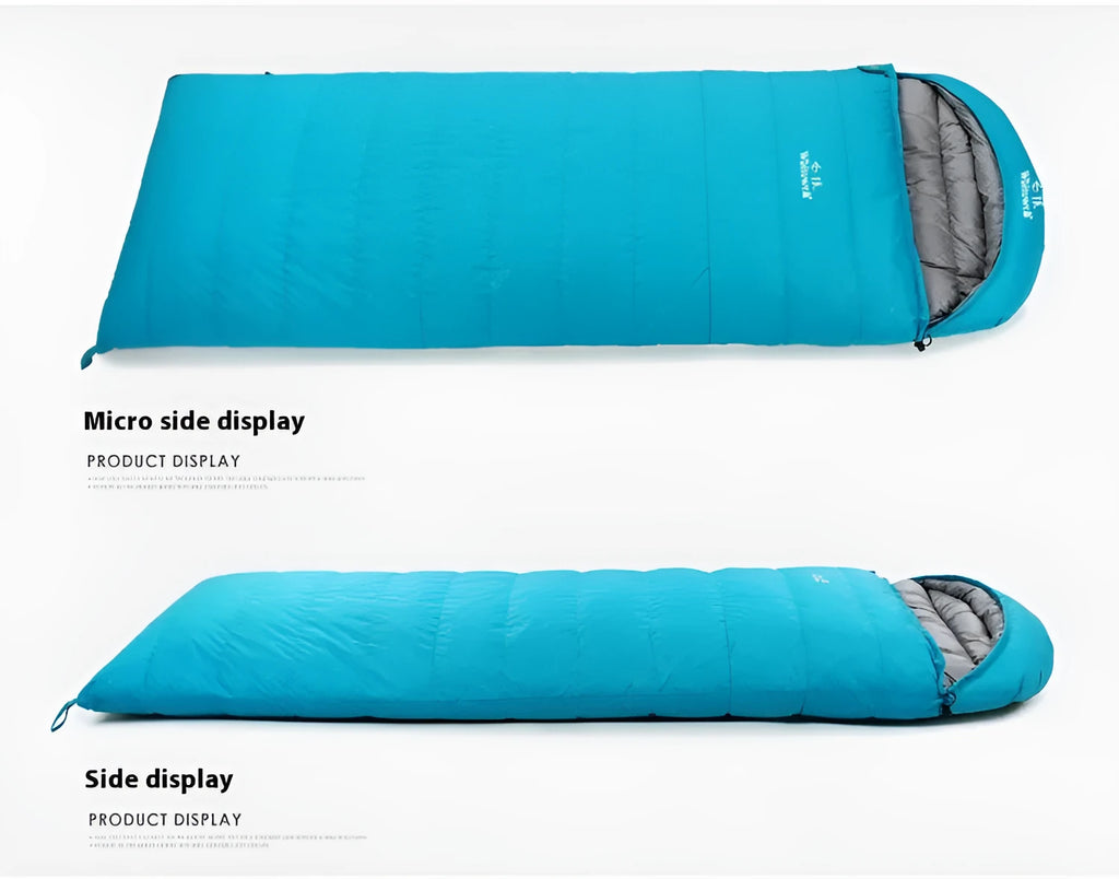 Black outdoor sleeping bag with envelope structure, showing goose down fill and durable nylon fabric.