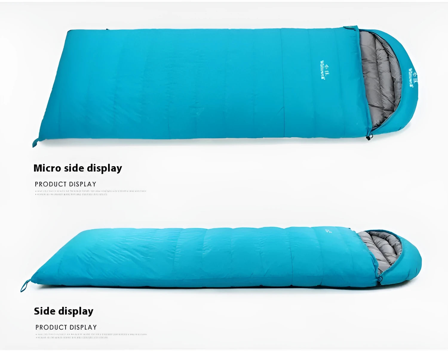 Black outdoor sleeping bag with envelope structure, showing goose down fill and durable nylon fabric.