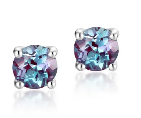 Women's geometric round stud earrings in 925 silver with Alexander Stone centrepiece in cultivated Alexandrite colour