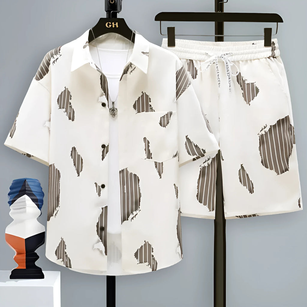 Men's casual two-piece shorts set in polyester, showing short-sleeve top and matching shorts.