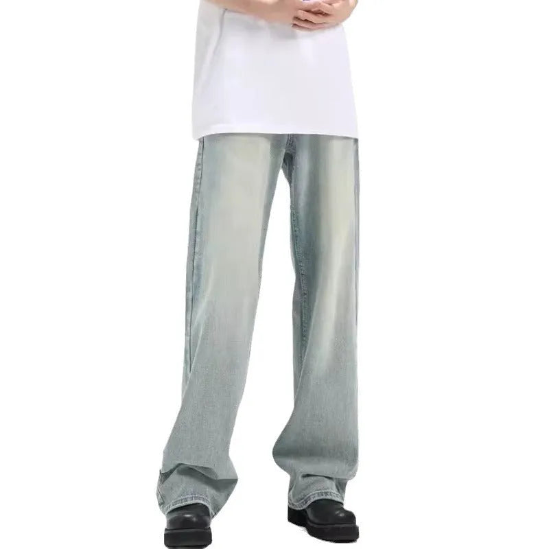 Blue retro-style loose fit trousers made from rabbit fur fabric on a neutral background.