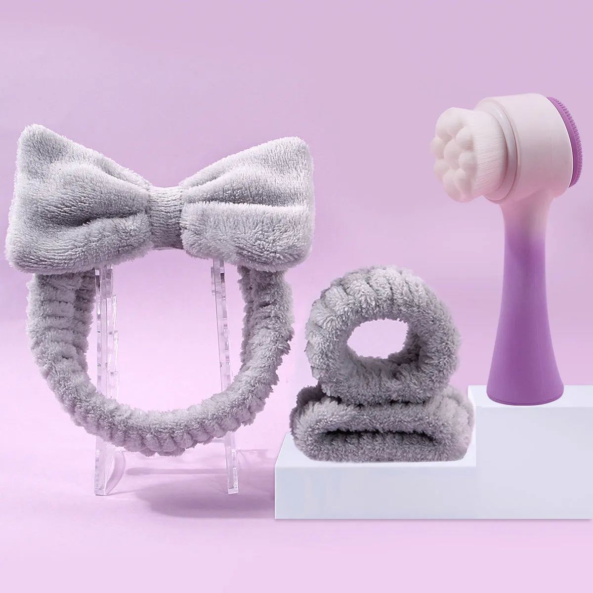 Facial brush three-piece set with coral fleece hair band in purple, gray, white or pink colours