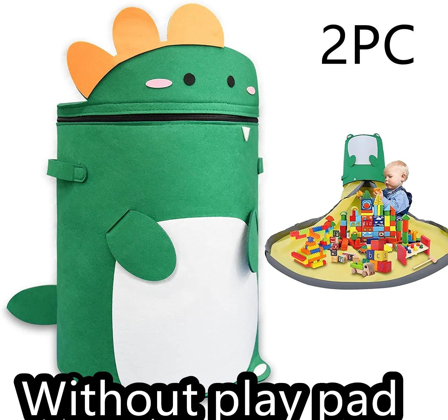 Green felt cube storage bag with pull rope, shown as a toy organiser and play mat.