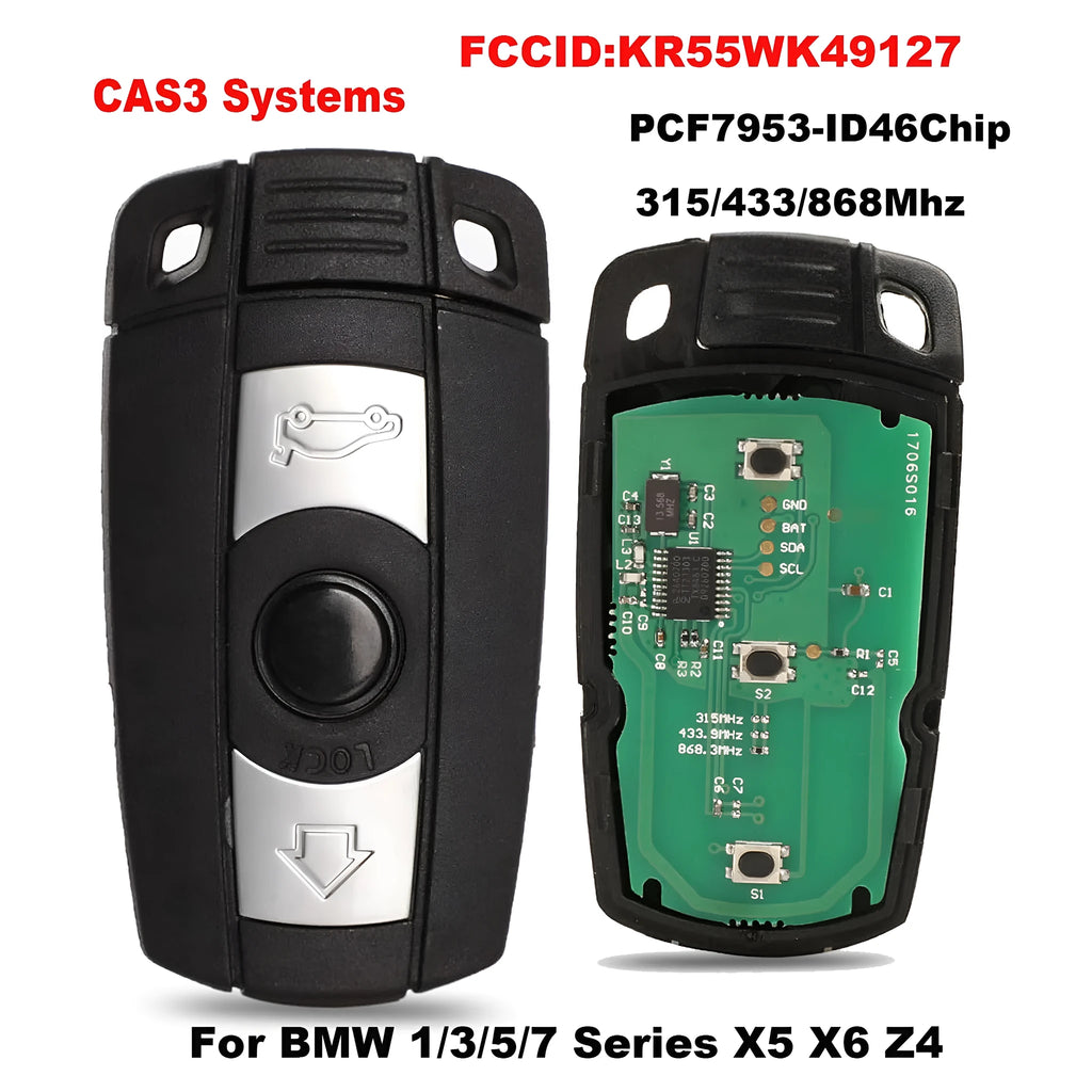 BMW CAS3 semi-intelligent remote car key fob with three buttons, metal and plastic construction.