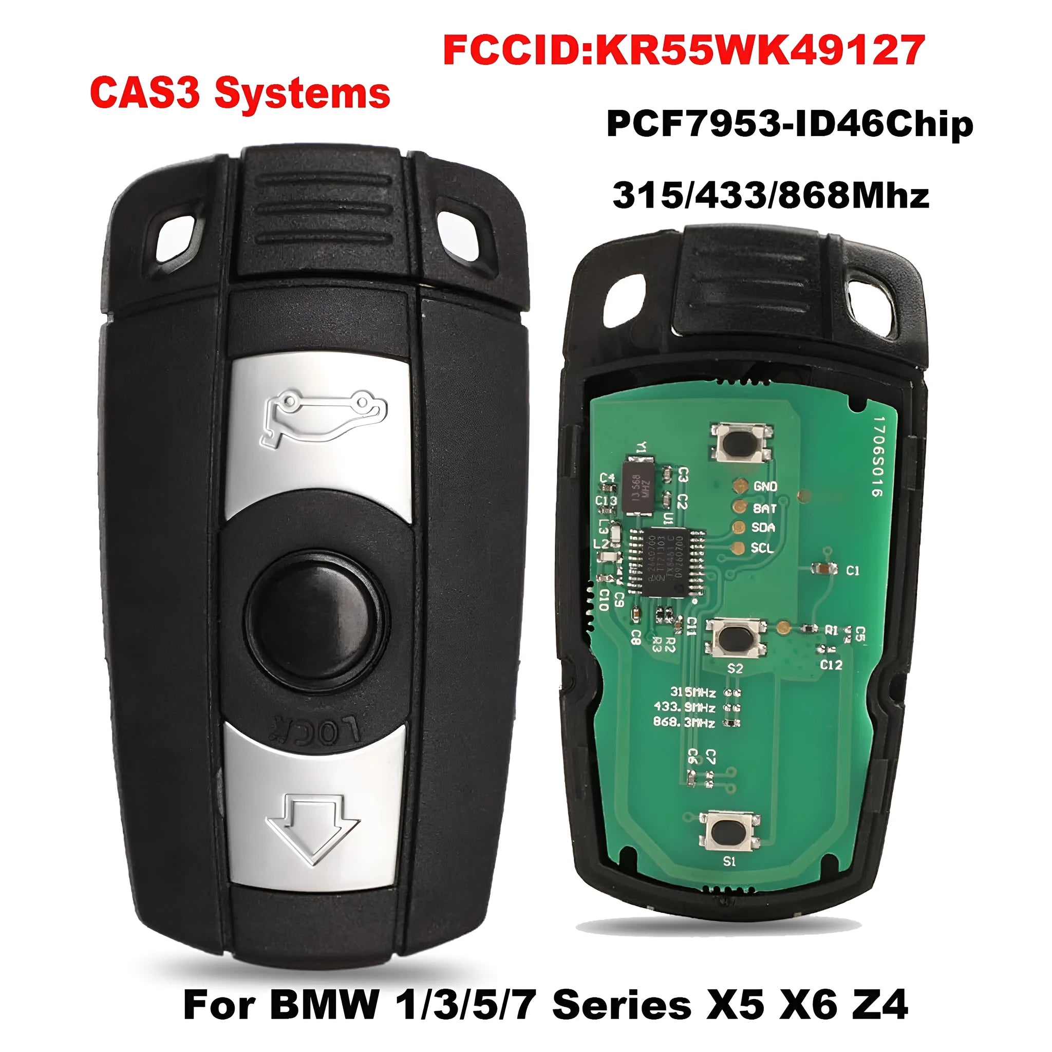BMW CAS3 semi-intelligent remote car key fob with three buttons, metal and plastic construction.