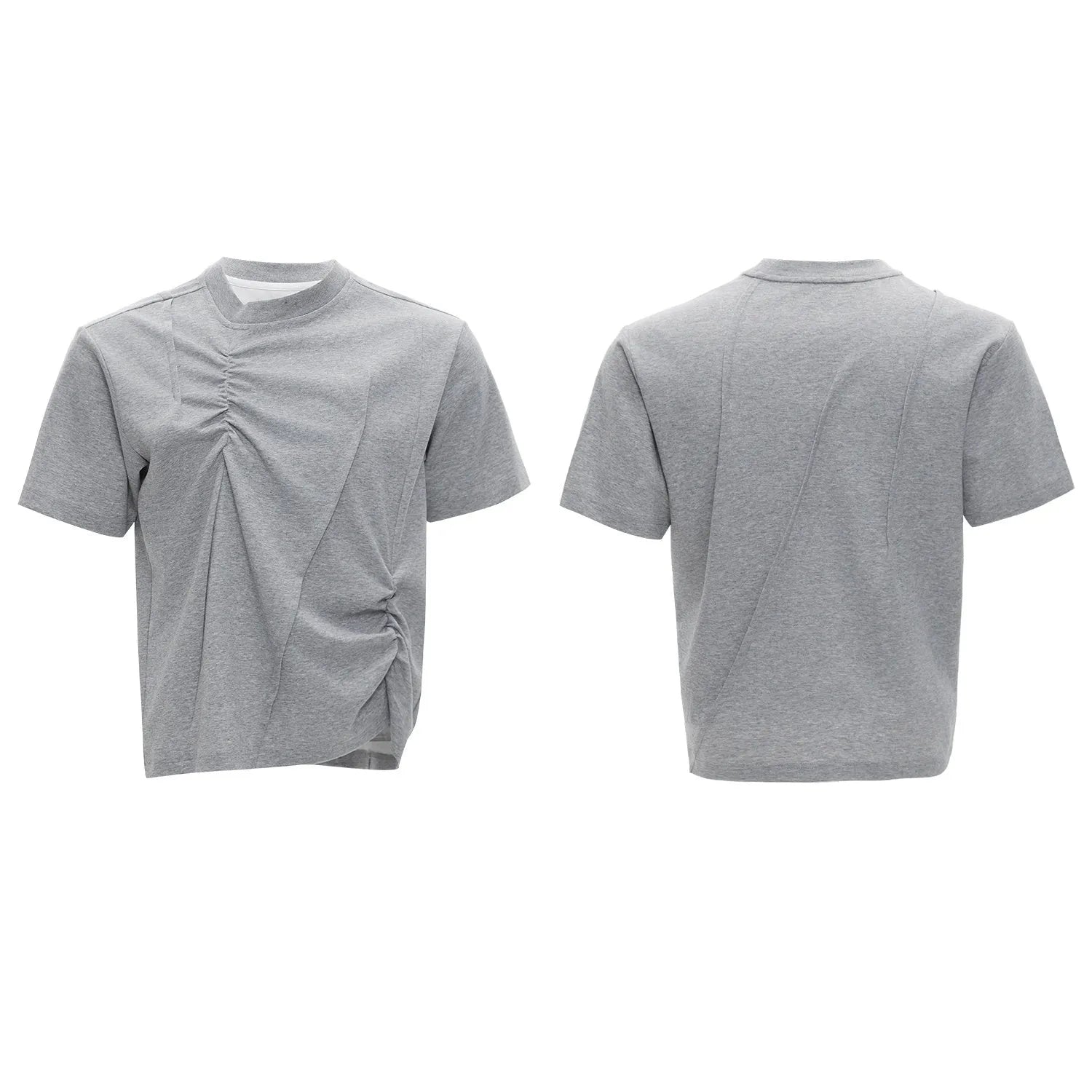 Men's loose fit grey cotton T-shirt with three-dimensional pleating detail on the front.