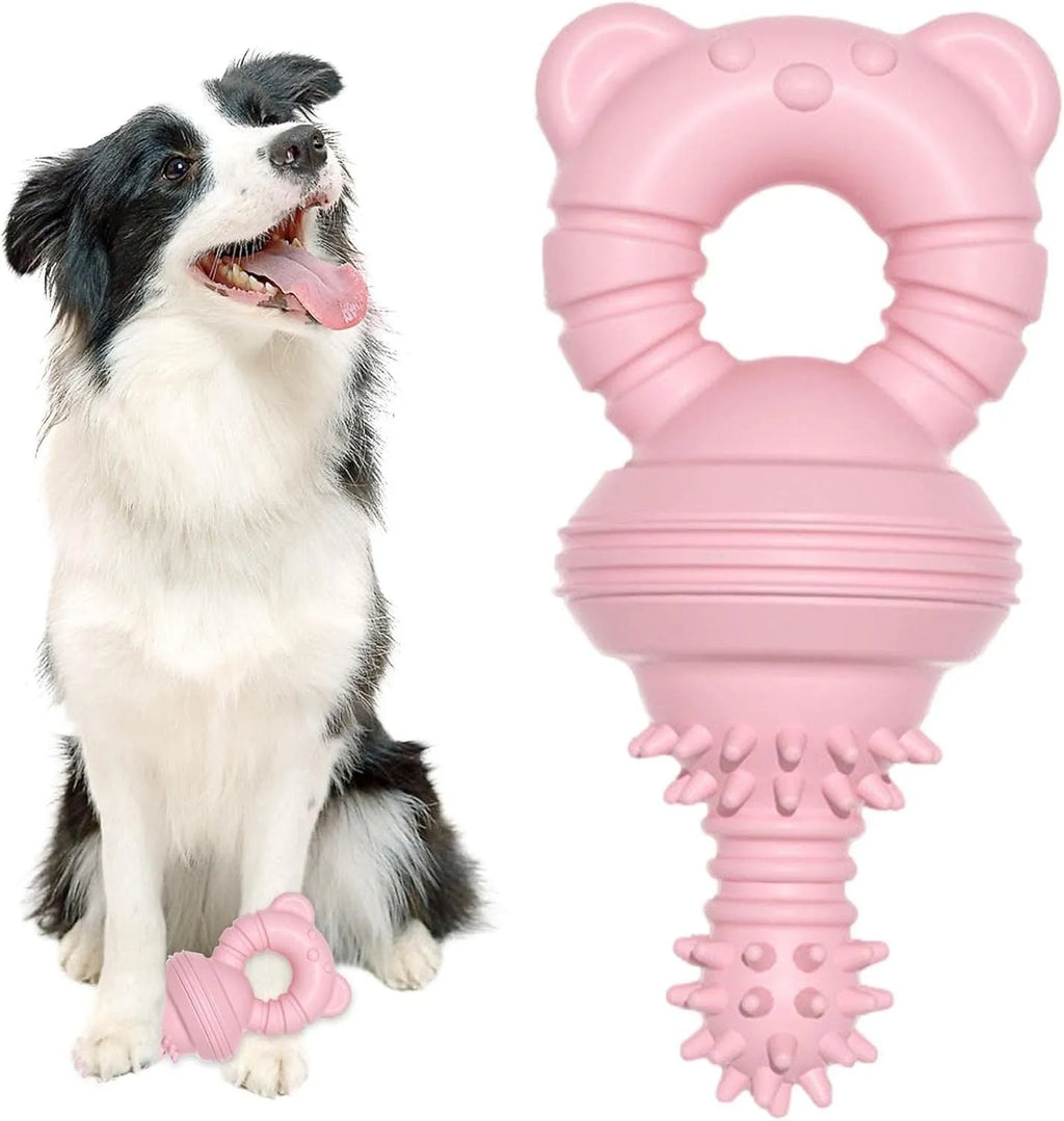 Blue rubber dog chew toy with textured surface for cleaning teeth, shown next to a measuring tape indicating 13.5 cm size.