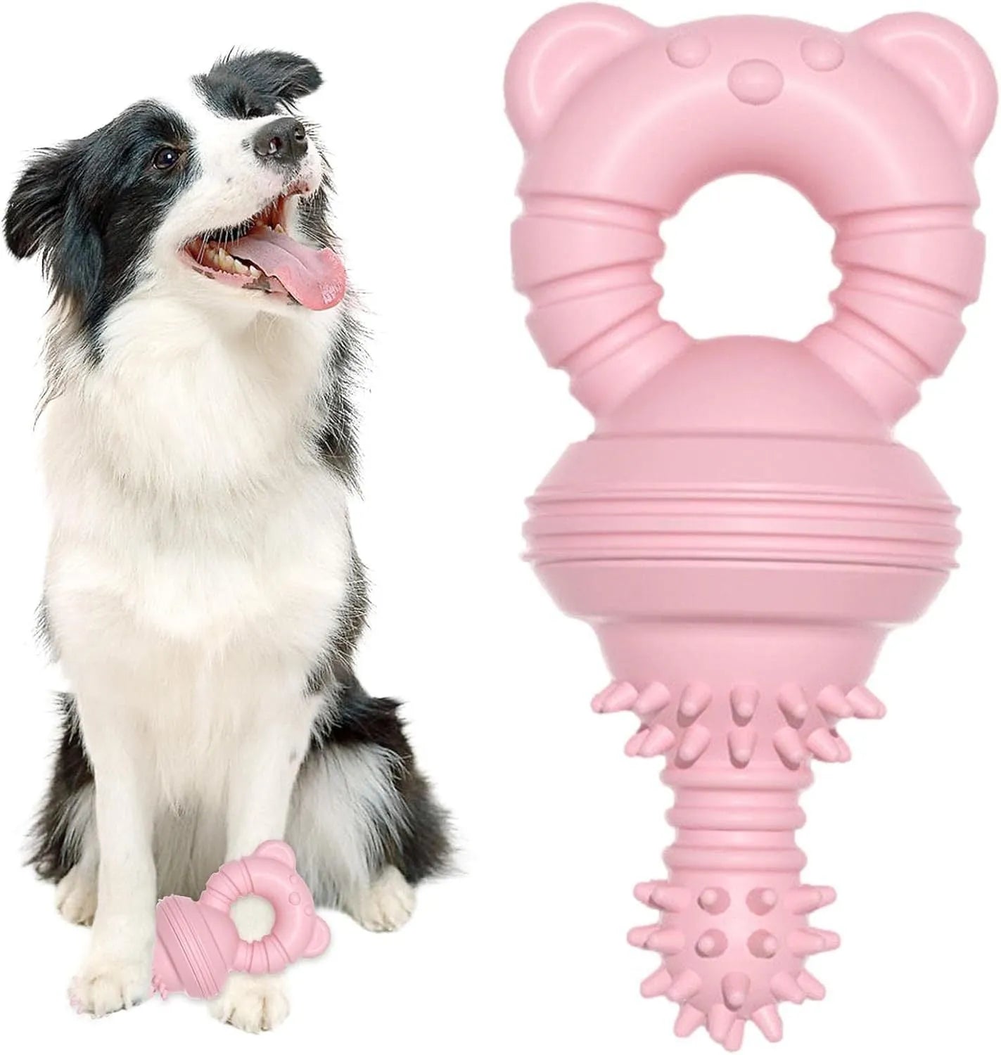 Blue rubber dog chew toy with textured surface for cleaning teeth, shown next to a measuring tape indicating 13.5 cm size.