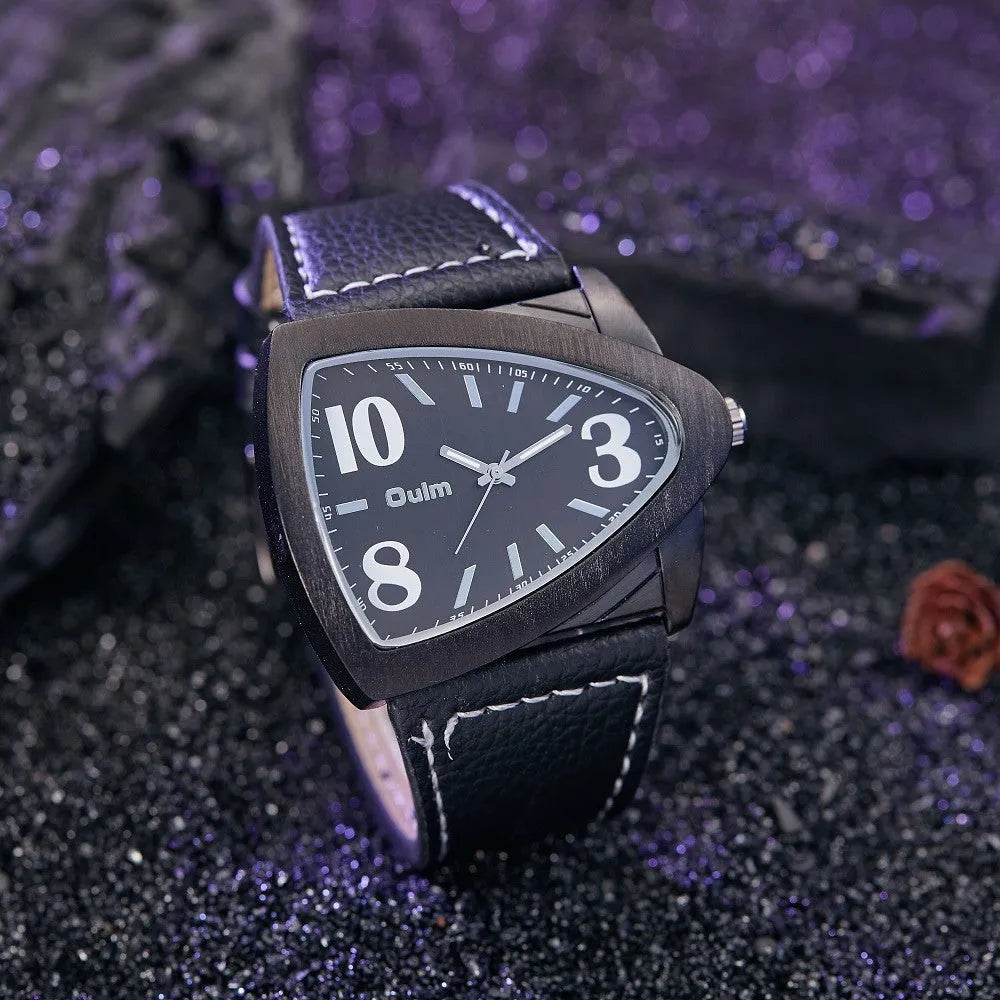 Men's casual triangle pattern leather strap quartz watch with 9mm slim profile