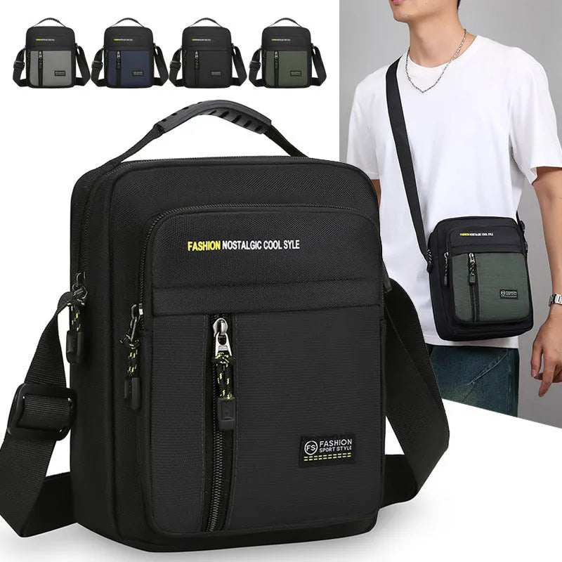 Men's casual nylon crossbody messenger bag in green, gray, black or blue with sewing thread detail