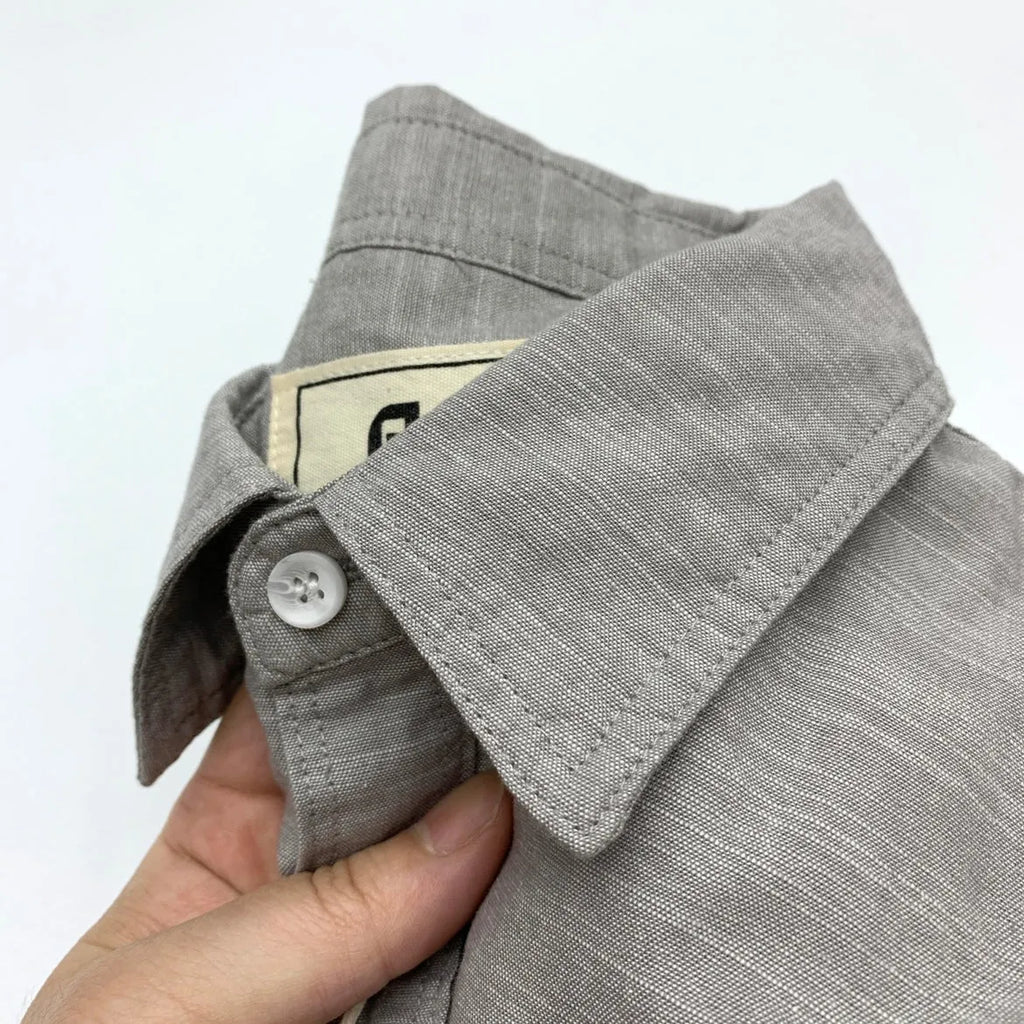 Men's summer cotton linen retro loose fit long sleeve shirt in light gray front view