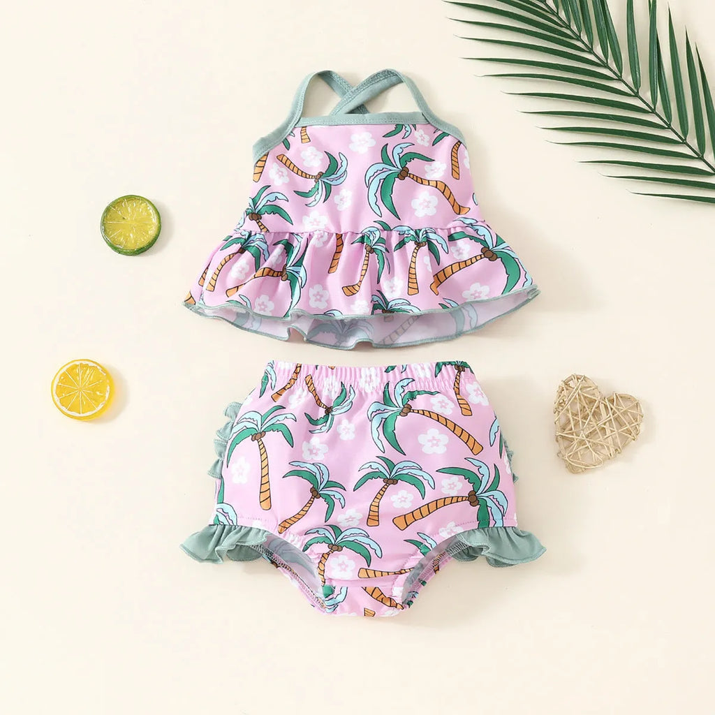 Girls' white sweet style swimsuit top and shorts two-piece set
