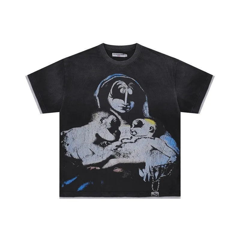 Cotton retro figure printed loose short sleeve pullover in black with washed-out distressed finish