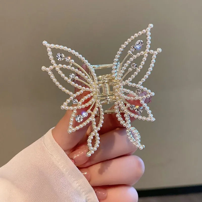 Butterfly design women's hair clip barrette in alloy with pearl or rhinestone style options