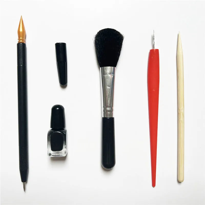 Scratching tool pen set with scraper pen, brushes, repair solution, and bamboo sticks for scratch art