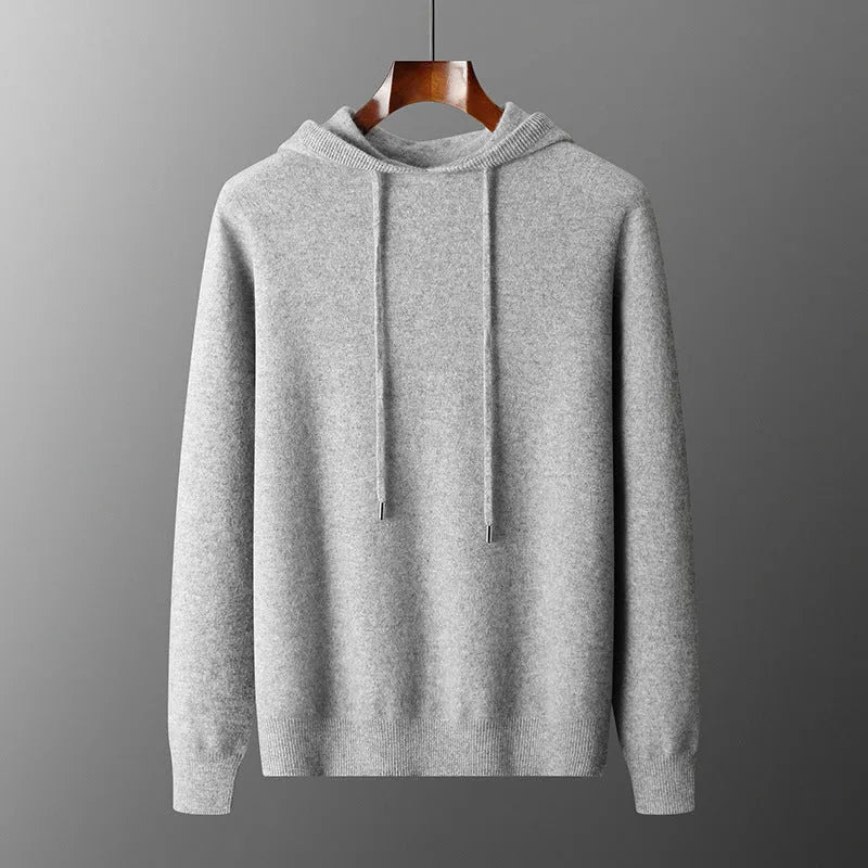 Men's light grey cashmere hooded sweatshirt and matching trousers leisure set on hanger