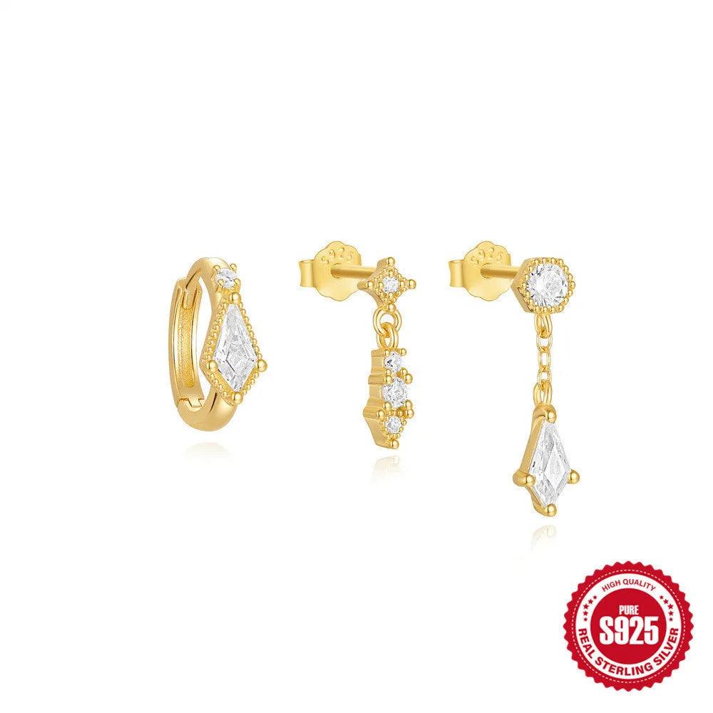 Set of three S925 sterling silver geometric zircon tassel earrings in a gold colour.