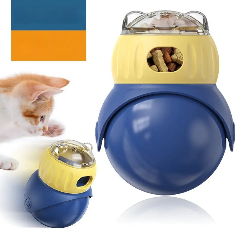 Owl-shaped plastic tumbler cat puzzle toy in Morandi yellow and blue colours.