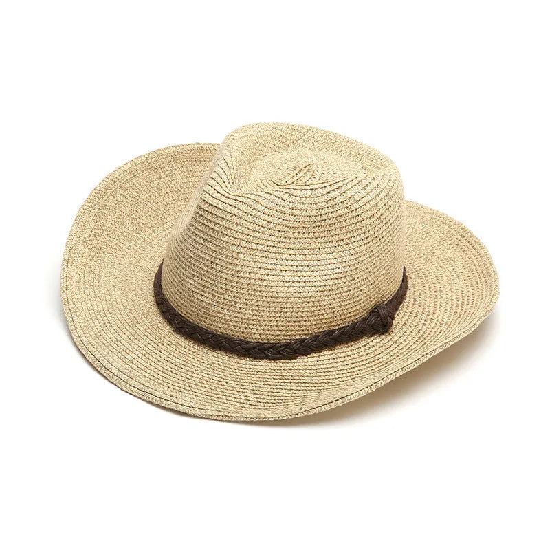Men's foldable wide brim straw hat in mixed beige colour shown from side angle