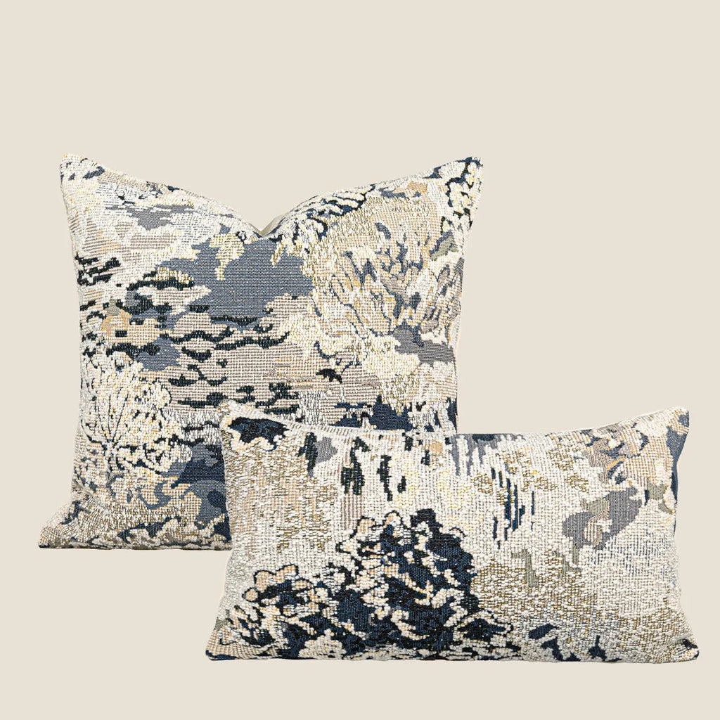 Antique blue abstract floral patterned wool blend cushion cover in square and waist pillow sizes.