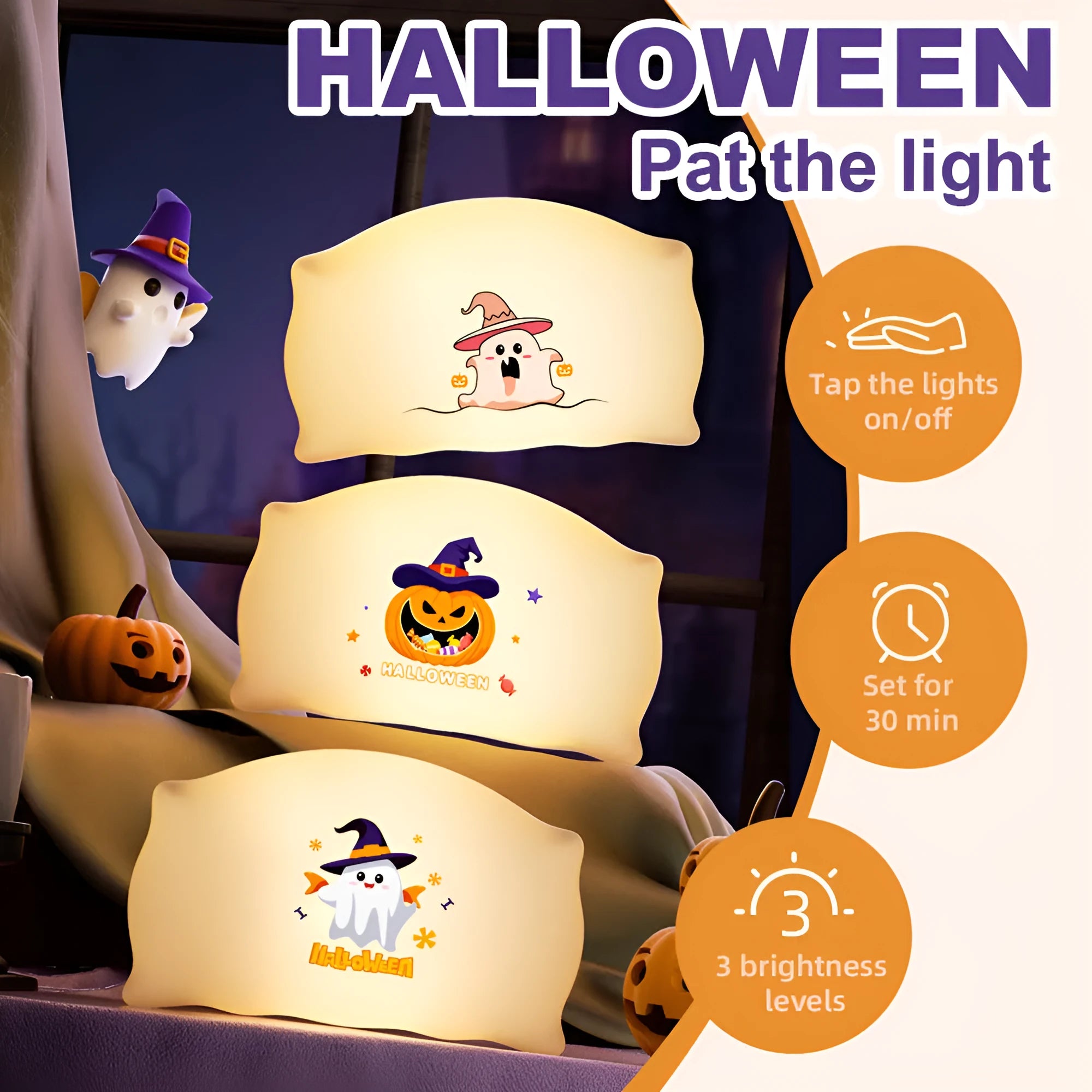 Cartoon Halloween doll table lamp in Magic Ghost or Pumpkin Ghost design measuring 99x70x50mm with USB Type-C charging port