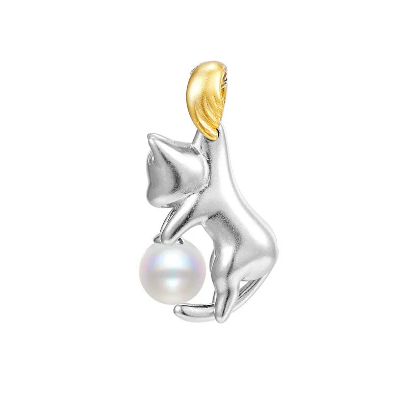 Sterling silver cat charm clavicle necklace with pearl bead options
