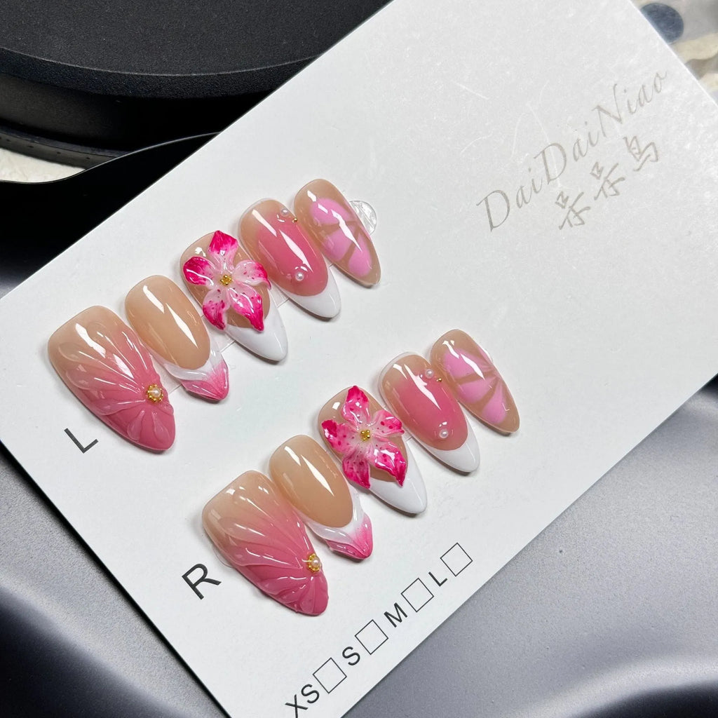 French style lily fluid ice flower manicure artificial nails with three-dimensional floral design