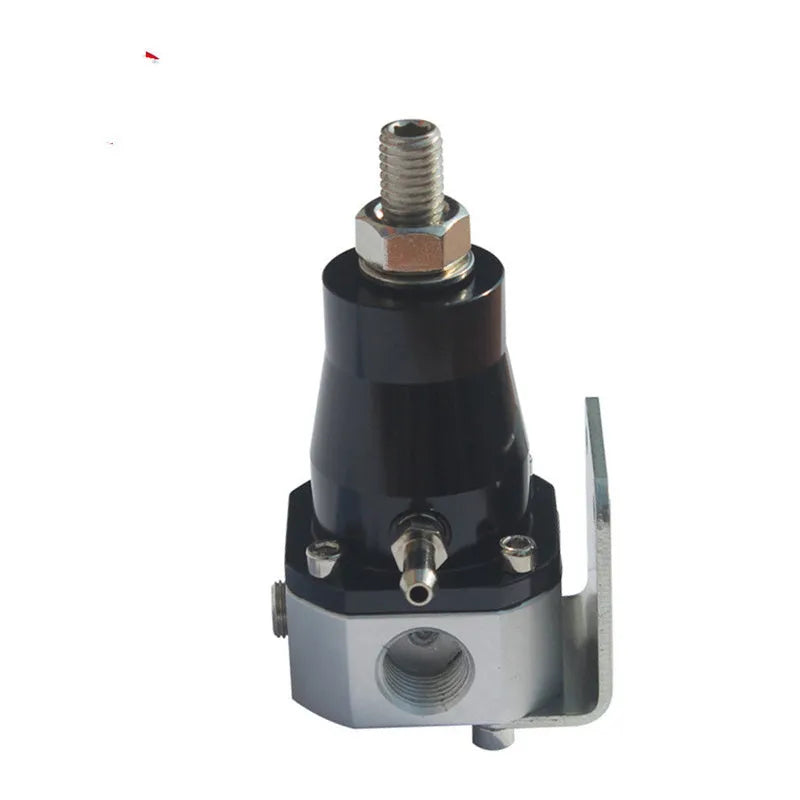 Black aluminium alloy fuel pressure regulator with adjustment port and mounting strap