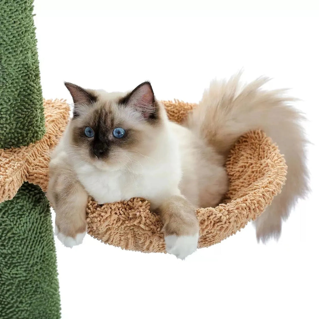 Solid wood cat tree with integrated nest, scratch board and climbing frame