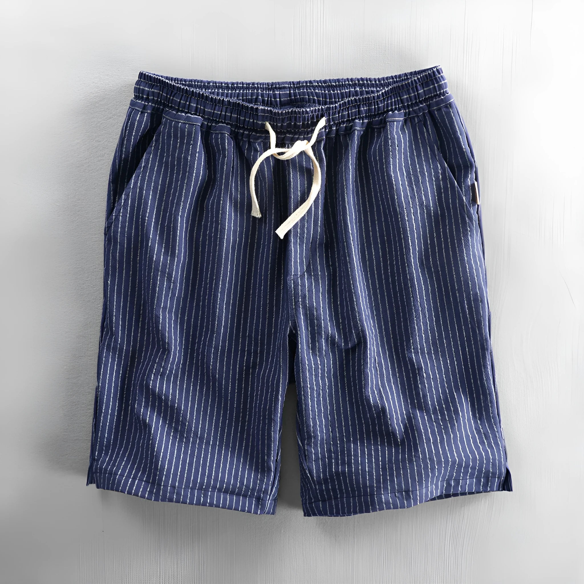 Men's striped cotton casual shorts in light blue with straight leg and mid waist design