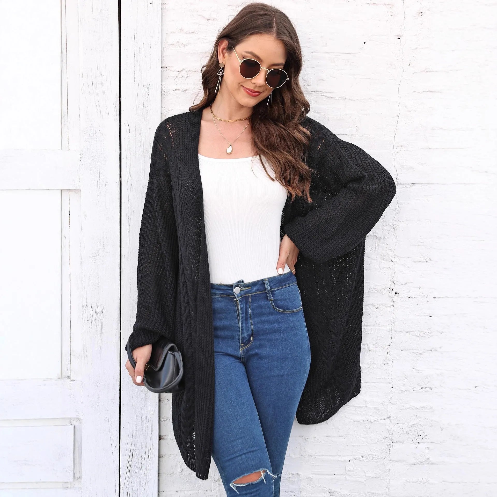 Women's loose-fit acrylic sweater coat cardigan in army green colour
